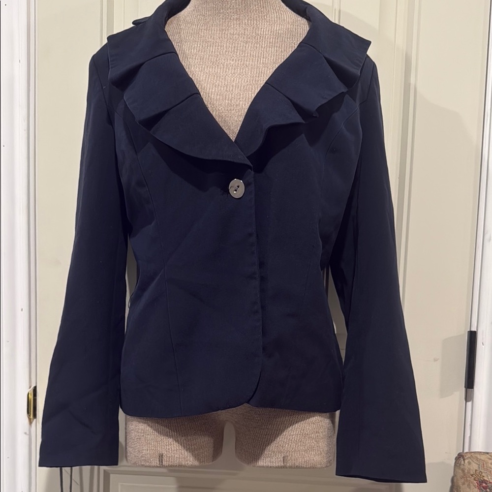 Elegant Signature by| Larry Levine Women's Navy Blazer with Ruffle Collar SZ 12